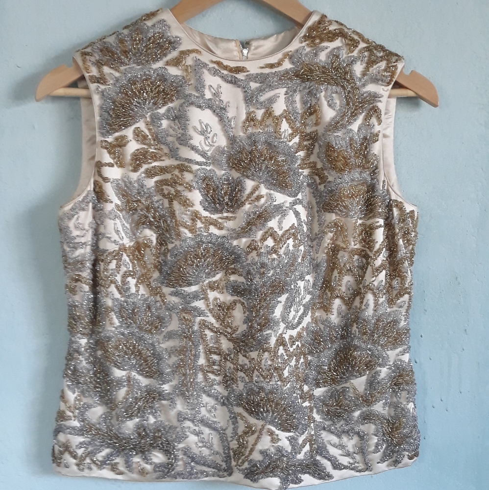 Vintage Sleeveless Beaded Cream Silver and Gold Top